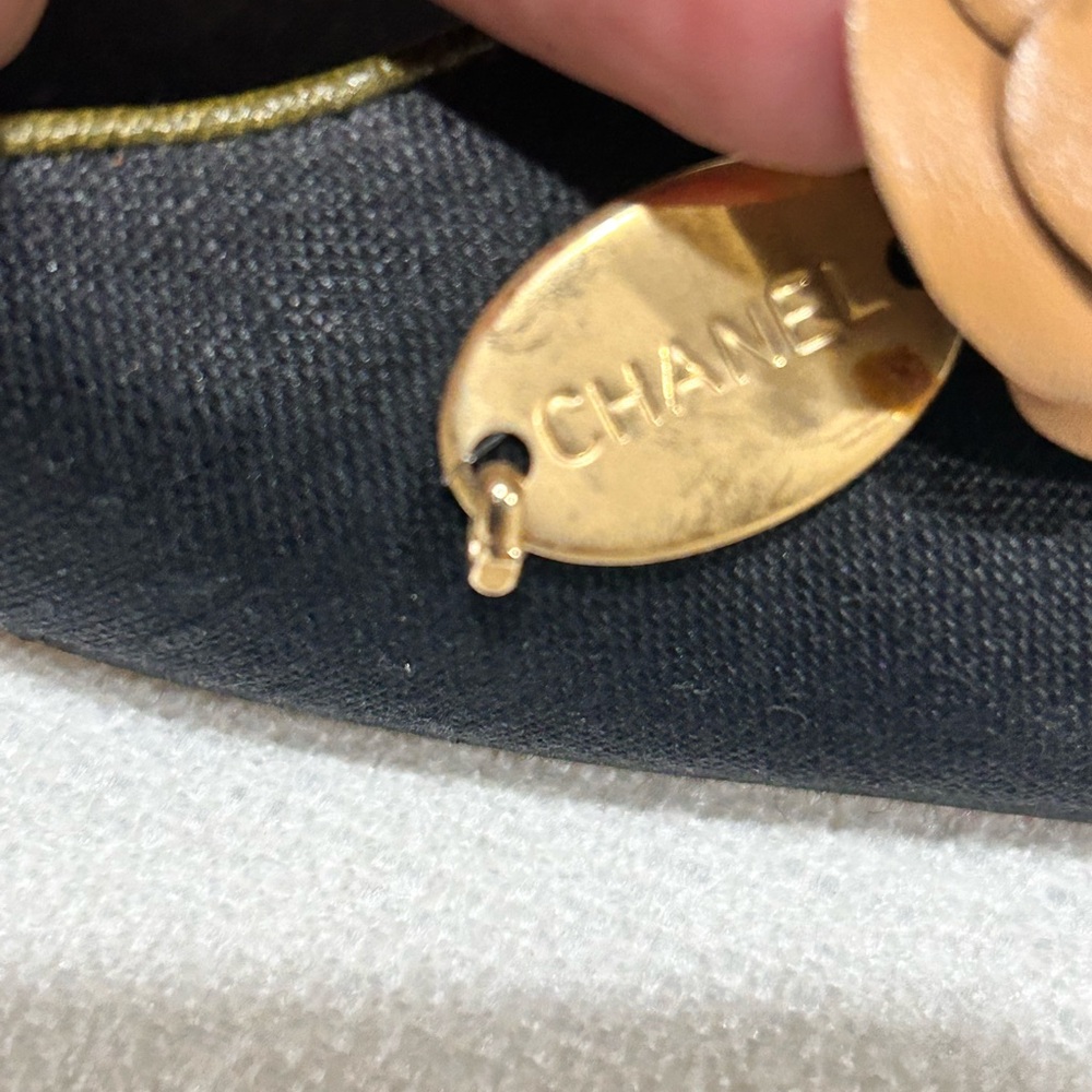 Vintage CHANEL Camellia Slingback Heels  Black Linen Tan Olive Leather Flower - Picture 10 of 15